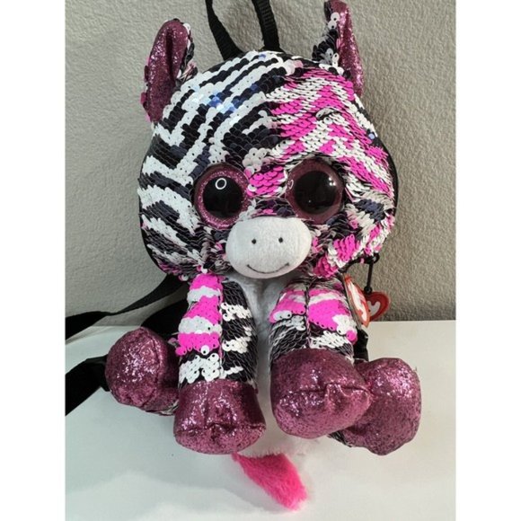 Ty Fashion Beanie Boo Zoey Zebra Reversible Sequin Backpack Black, White & Pink - Picture 8 of 12